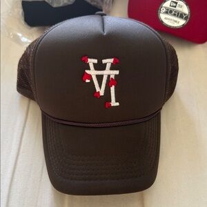 Brown Trucker Hat with Red Embroidery